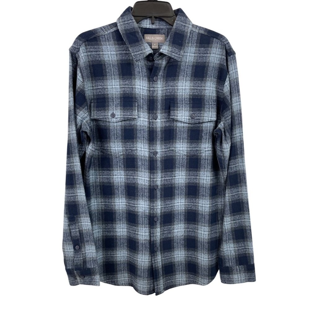 Falls Creek Mens Small Navy & Gray Plaid Twill Button-Up Shirt 100% Cotton